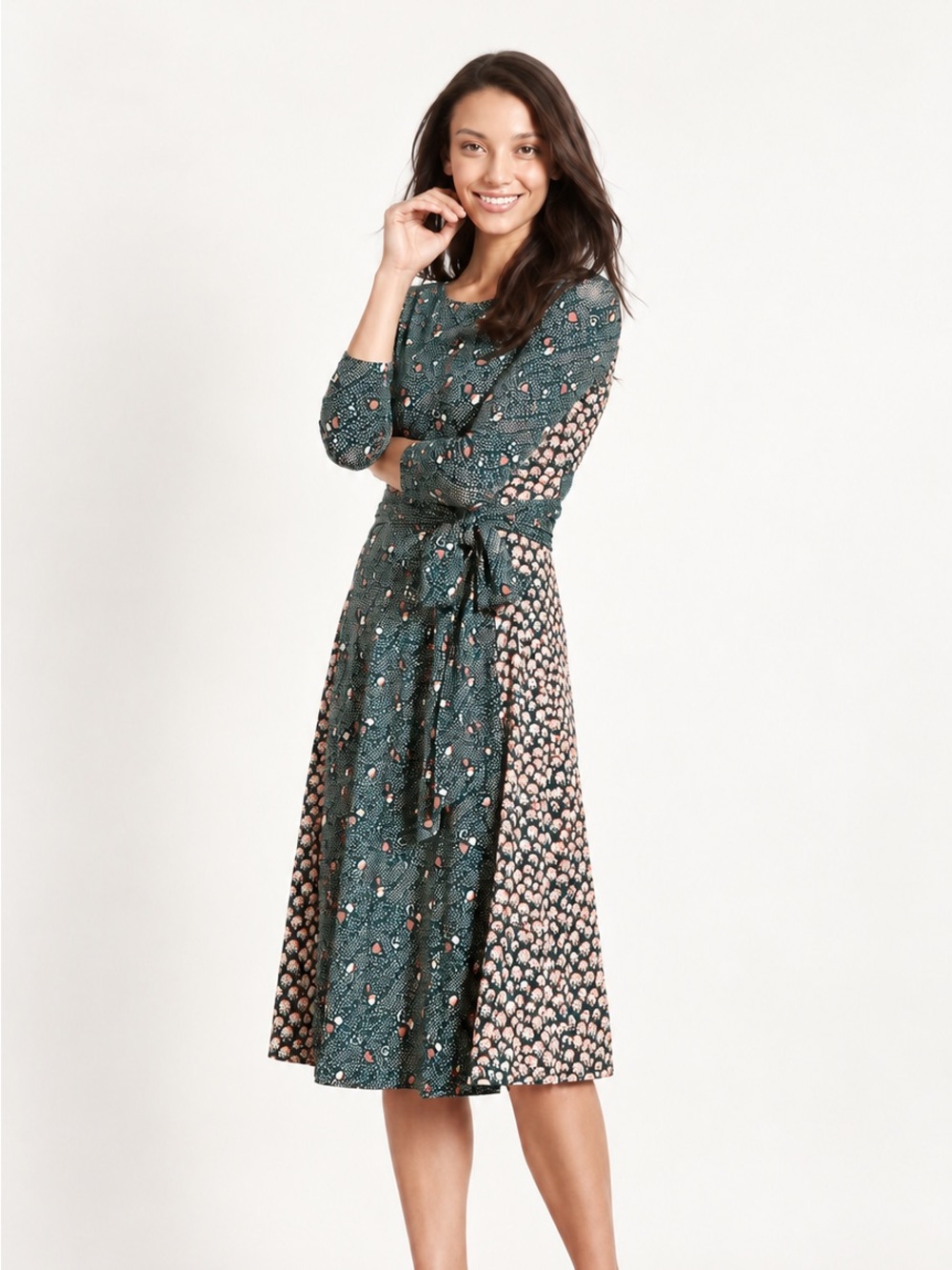 Boden Mixed Print Floral Belted Jersey Midi Dress Green US 6